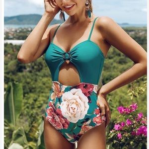 Cupshe Teal Flowered One Piece Bathing Suit